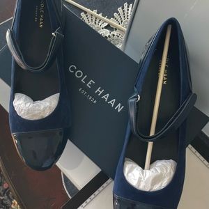 Cole Haan — Women's Blue Bria Grand Suede & Patent Leather Mary Jane Flats.